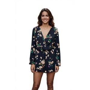 Honey Punch Floral Print Long Sleeve Romper V Neck Women's Jumpsuit‎ S/M